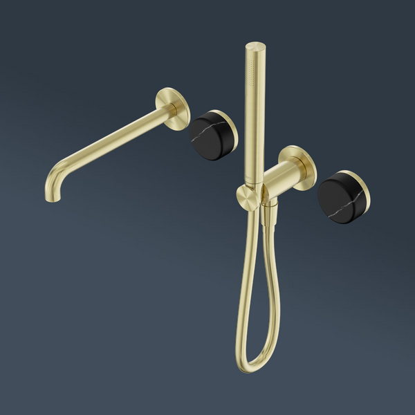 Nero Serenity Progressive Shower System With Spout With Marquina Black Handle And Slim Shower Brushed Gold