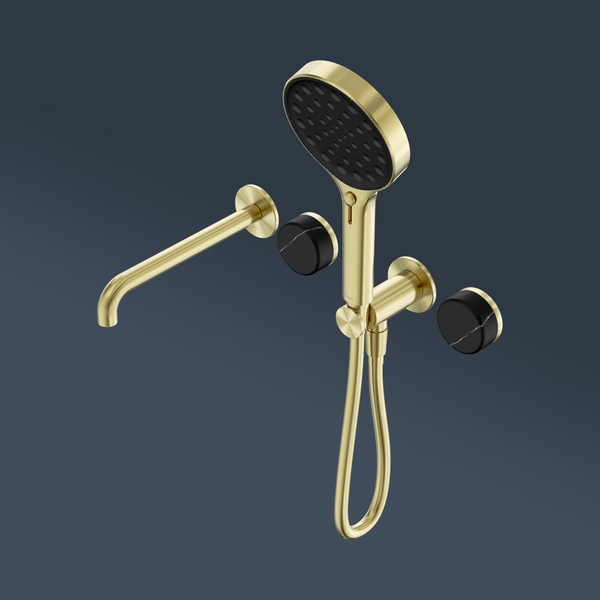 Nero Serenity Progressive Shower System With Spout With Marquina Black Handle And Serenity Hand Shower Brushed Gold