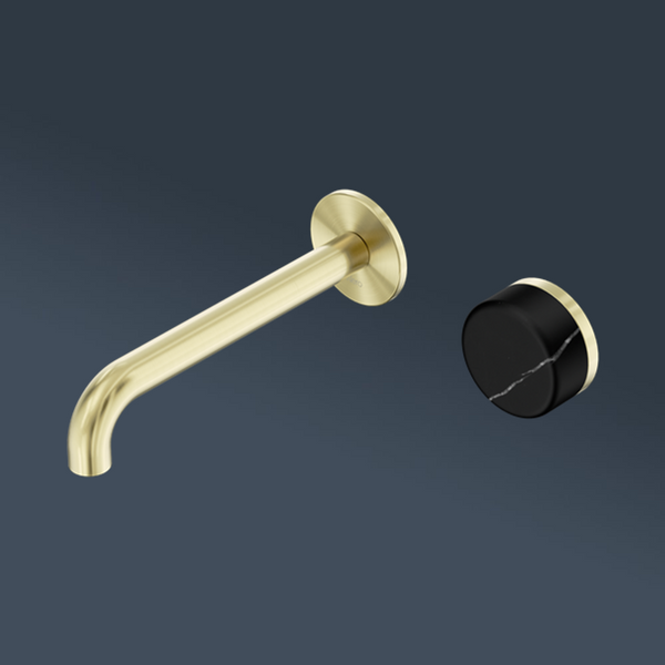 Nero Serenity Progressive Wall Basin Mixer 220mm Spout With Marquina Black Handle Brushed Gold