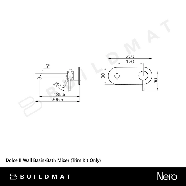 Nero Dolce II Wall Basin/Bath Mixer (Trim Kit Only) Matte Black