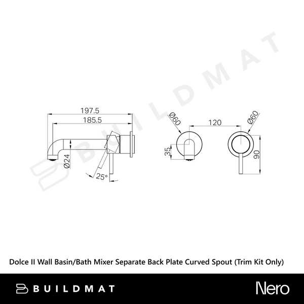 Nero Dolce II Wall Basin/Bath Mixer Separate Back Plate Curved Spout (Trim Kit Only) Gunmetal