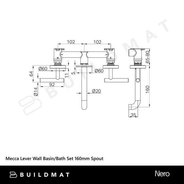 Nero Mecca Lever Wall Basin/Bath Set 160mm Spout (Complete Kit) Matte Black