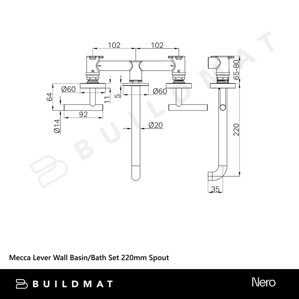 Nero Mecca Lever Wall Basin/Bath Set 220mm Spout (Complete Kit) Matte Black