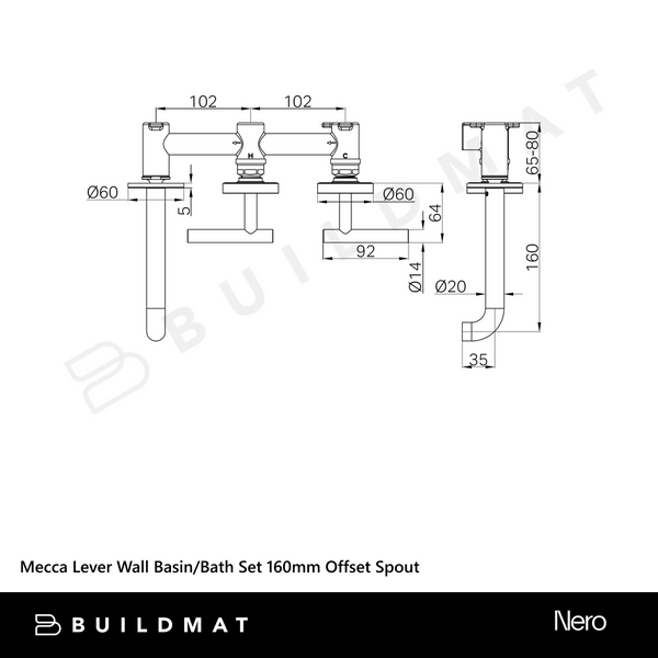 Nero Mecca Lever Wall Basin/Bath Set 160mm Offset Spout (Complete Kit) Brushed Nickel