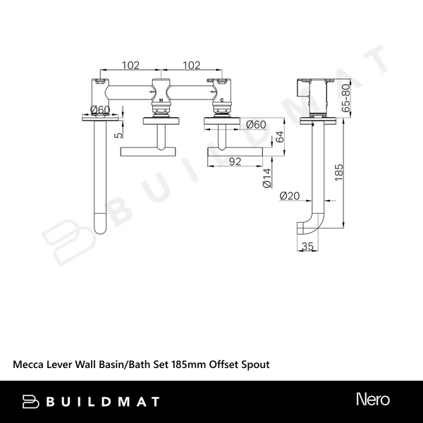Nero Mecca Lever Wall Basin/Bath Set 185mm Offset Spout (Complete Kit) Gunmetal