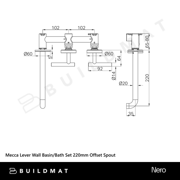 Nero Mecca Lever Wall Basin/Bath Set 220mm Offset Spout (Complete Kit) Chrome