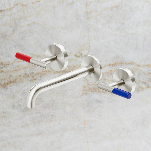 Nero Mecca Care Lever Wall Basin/Bath Set 185mm Spout (Complete Kit) Brushed Nickel