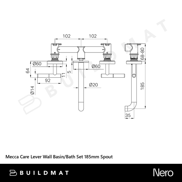 Nero Mecca Care Lever Wall Basin/Bath Set 185mm Spout (Complete Kit) Matte Black
