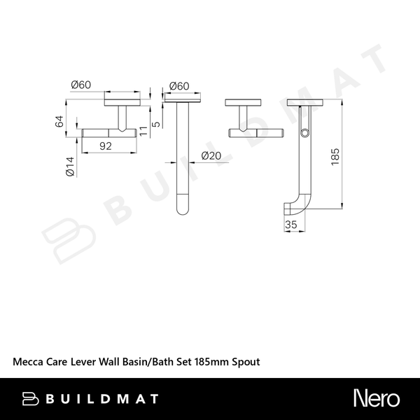 Nero Mecca Care Lever Wall Basin/Bath Set 185mm Spout (Trim Kit Only) Gunmetal