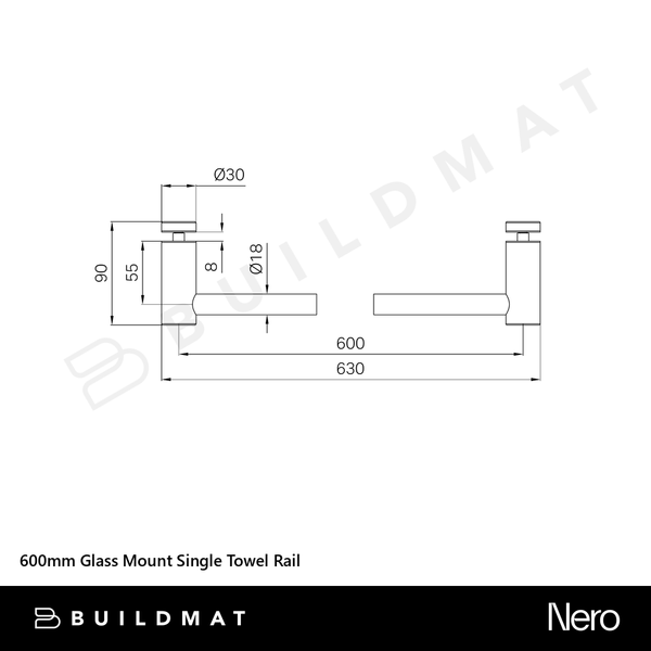 Nero 600mm Glass Mount Single Towel Rail Gunmetal
