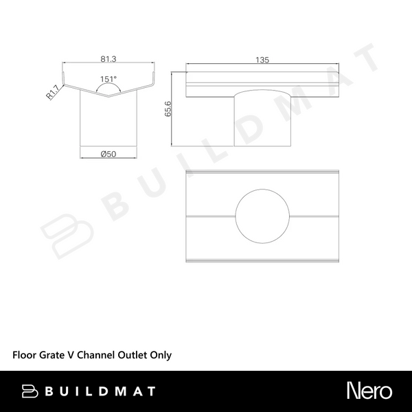Nero Floor Grate V Channel 50mm Outlet Only