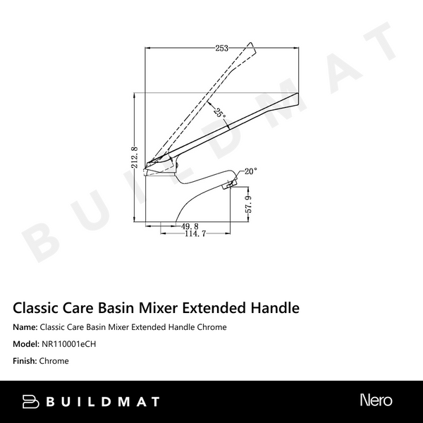 Nero Classic Care Basin Mixer Extended Handle Chrome