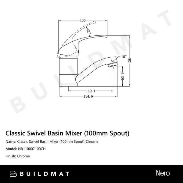 Nero Classic Swivel Basin Mixer (100mm Spout) Chrome