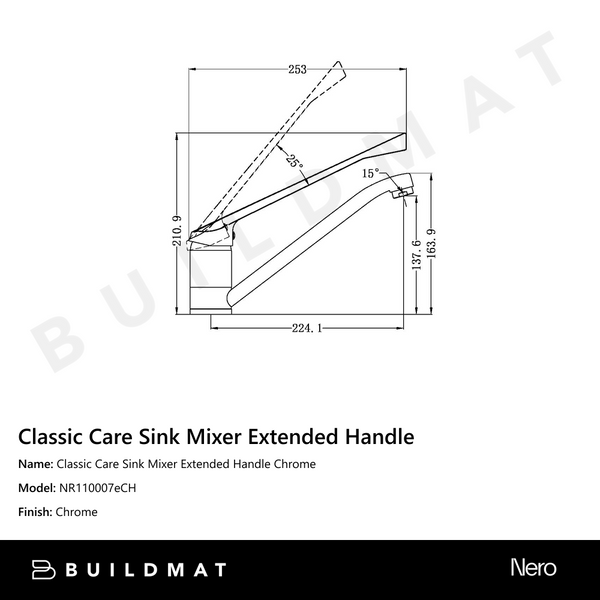 Nero Classic Care Sink Mixer Extended Handle Chrome