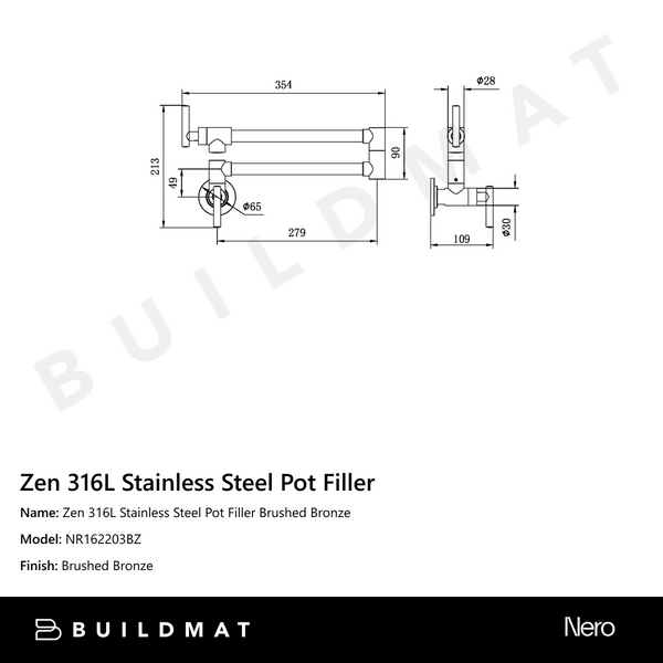 Nero Zen 316L Stainless Steel Pot Filler Brushed Bronze