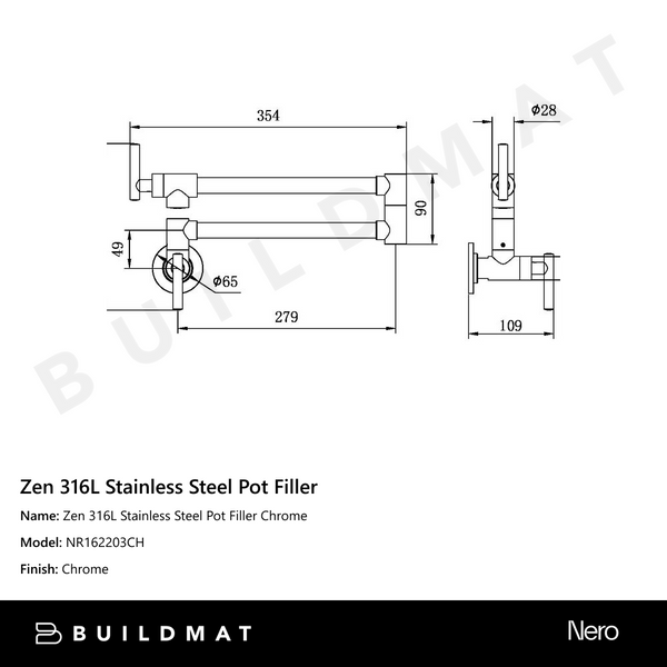 Nero Zen 316L Stainless Steel Pot Filler Chrome