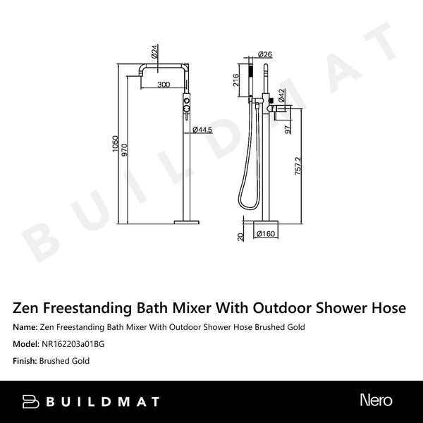 Nero Zen Freestanding Bath Mixer With Outdoor Shower Hose Brushed Gold