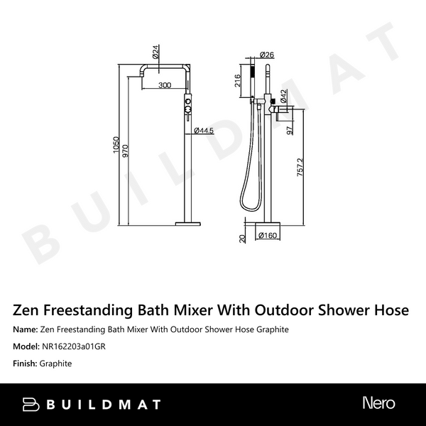 Nero Zen Freestanding Bath Mixer With Outdoor Shower Hose Graphite