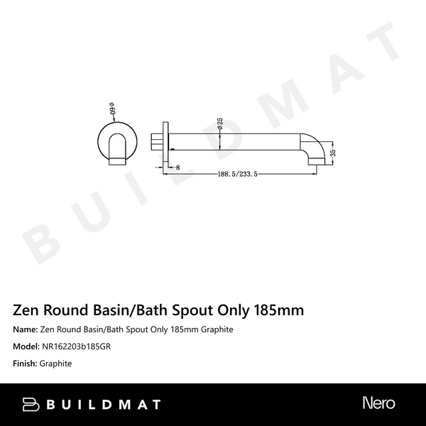 Nero Zen Round Basin/Bath Spout Only 185mm Graphite