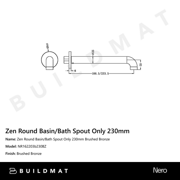 Nero Zen Round Basin/Bath Spout Only 230mm Brushed Bronze