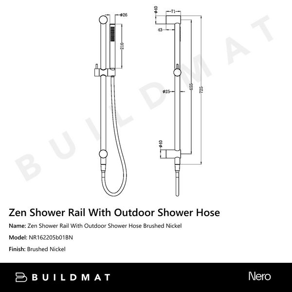 Nero Zen Shower Rail With Outdoor Shower Hose Brushed Nickel