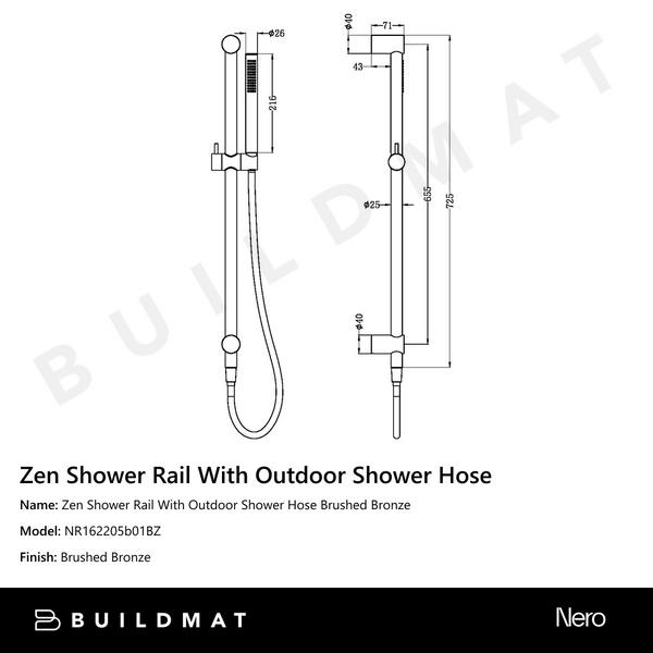 Nero Zen Shower Rail With Outdoor Shower Hose Brushed Bronze