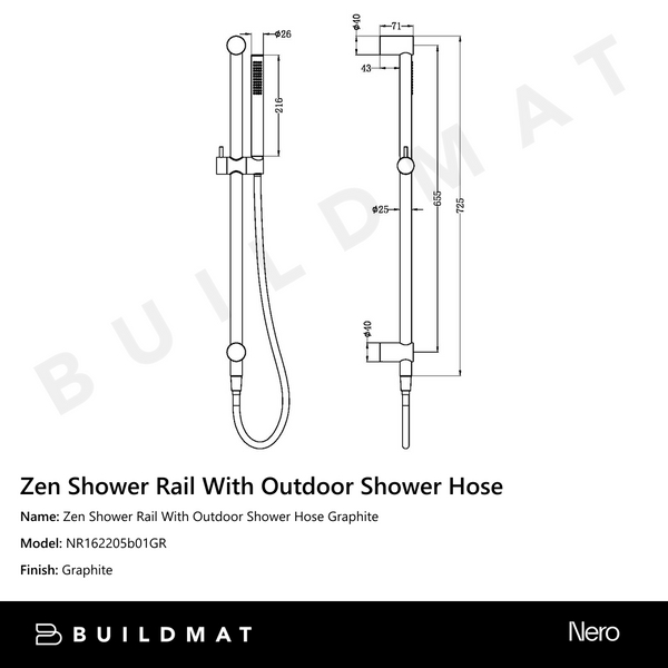Nero Zen Shower Rail With Outdoor Shower Hose Graphite