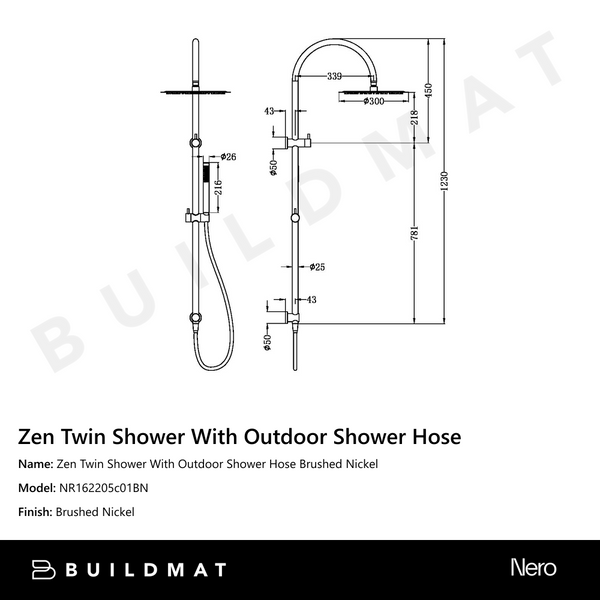 Nero Zen Twin Shower With Outdoor Shower Hose Brushed Nickel