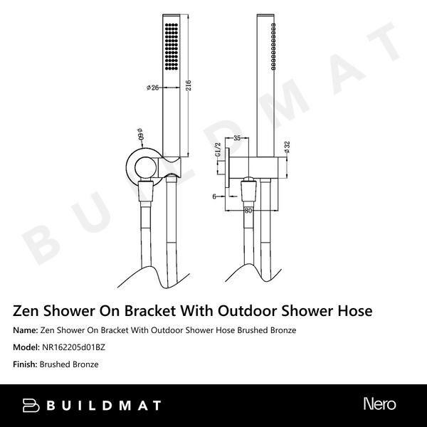 Nero Zen Shower On Bracket With Outdoor Shower Hose Brushed Bronze