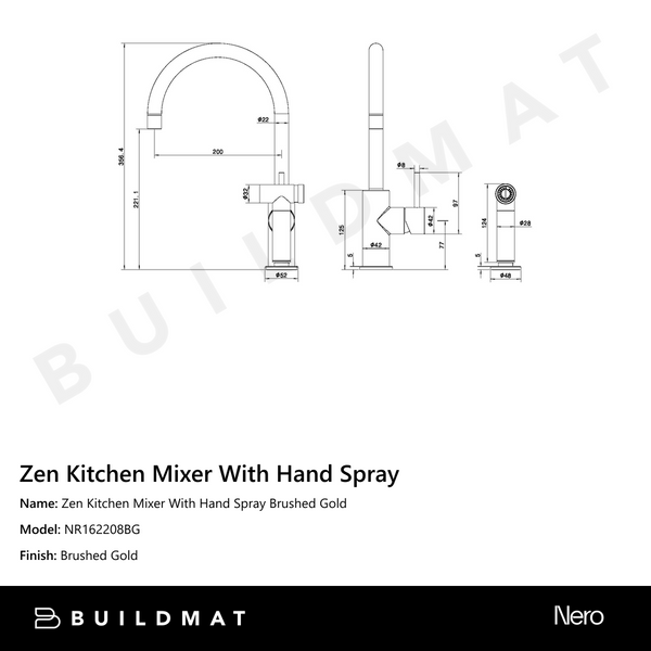 Nero Zen Kitchen Mixer With Hand Spray Brushed Gold