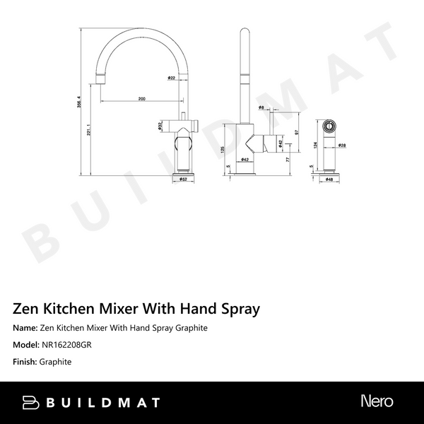 Nero Zen Kitchen Mixer With Hand Spray Graphite
