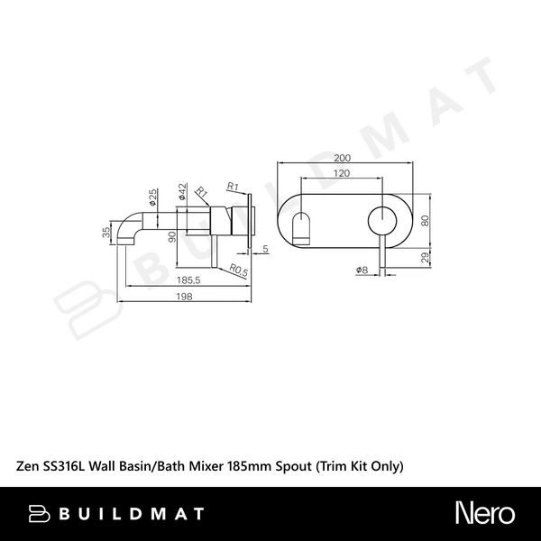 Nero Zen SS316L Wall Basin/Bath Mixer 185mm Spout (Trim Kit Only) Graphite