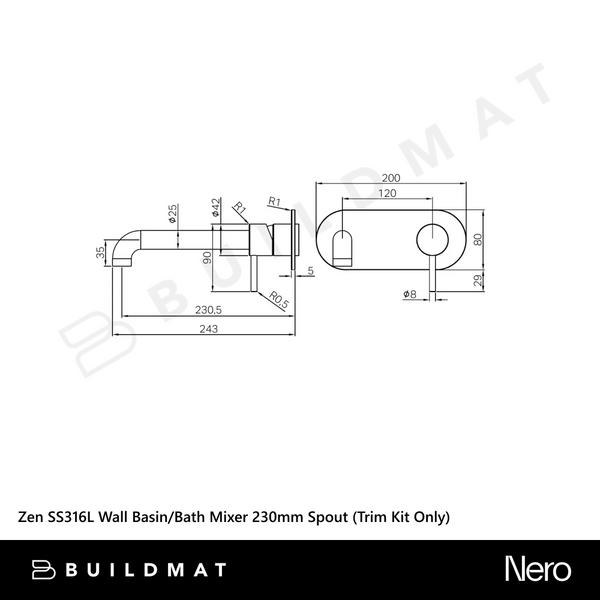 Nero Zen SS316L Wall Basin/Bath Mixer 230mm Spout (Trim Kit Only) Brushed Nickel