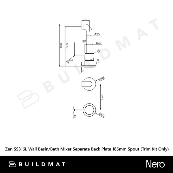 Nero Zen SS316L Wall Basin/Bath Mixer Separate Back Plate 185mm Spout (Trim Kit Only) Graphite