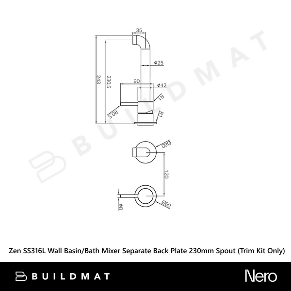 Nero Zen SS316L Wall Basin/Bath Mixer Separate Back Plate 230mm Spout (Trim Kit Only) Graphite