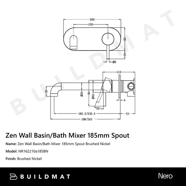 Nero Zen Wall Basin/Bath Mixer 185mm Spout Brushed Nickel
