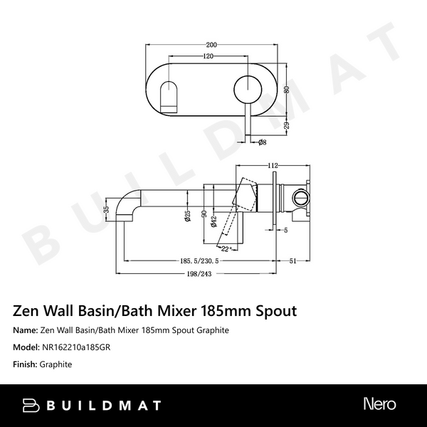 Nero Zen Wall Basin/Bath Mixer 185mm Spout Graphite