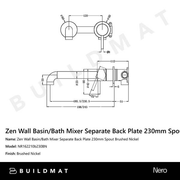 Nero Zen Wall Basin/Bath Mixer Separate Back Plate 230mm Spout Brushed Nickel