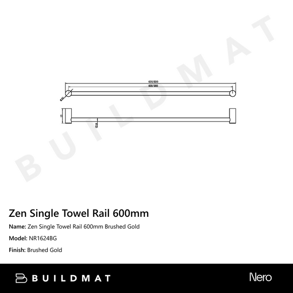 Nero Zen Single Towel Rail 600mm Brushed Gold