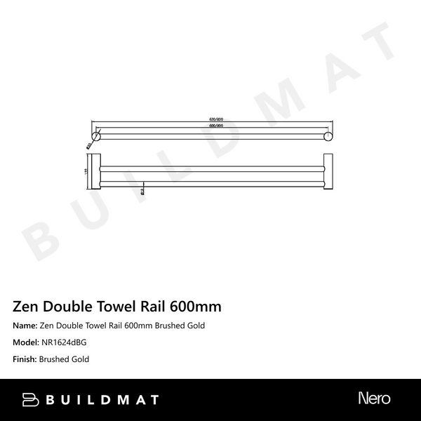 Nero Zen Double Towel Rail 600mm Brushed Gold