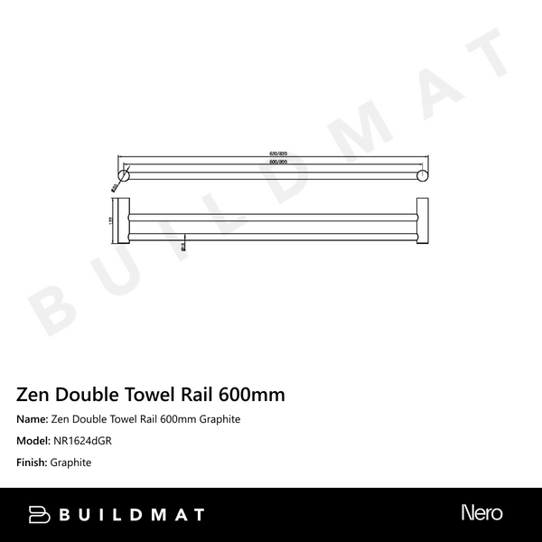 Nero Zen Double Towel Rail 600mm Graphite