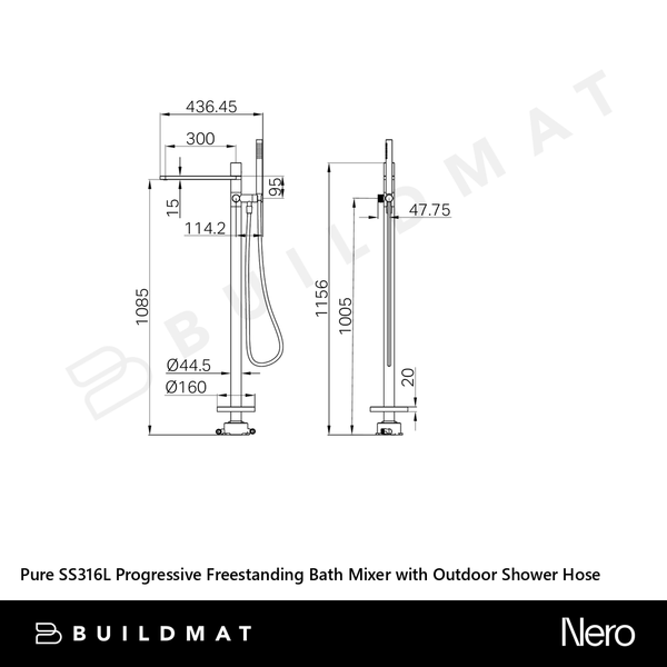 Nero Pure SS316L Progressive Freestanding Bath Mixer with Outdoor Shower Hose Brushed Nickel