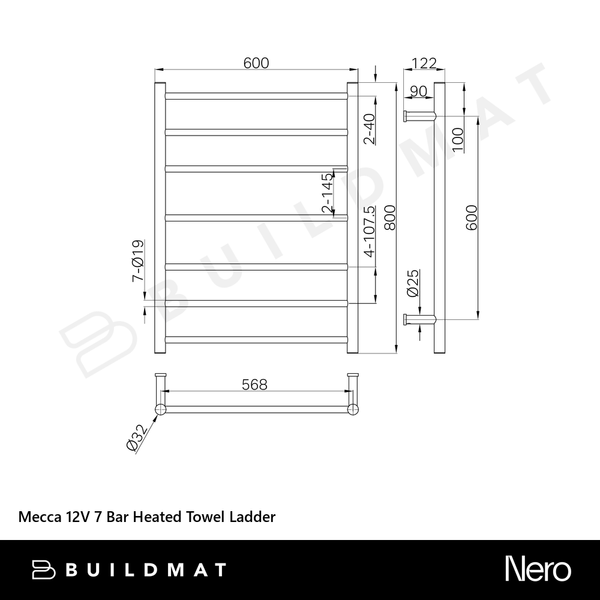Nero Mecca 12V 7 Bar Heated Towel Ladder Brushed Bronze
