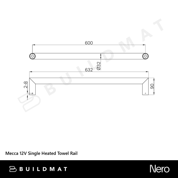Nero Mecca 12V Single Heated Towel Rail Chrome
