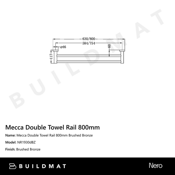 Nero Mecca Double Towel Rail 800mm Brushed Bronze