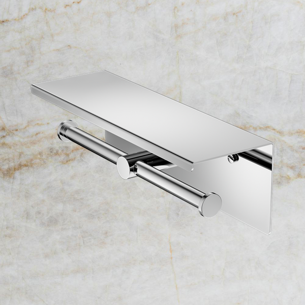 Nero Mecca Double Toilet Roll Holder with Shelf Chrome