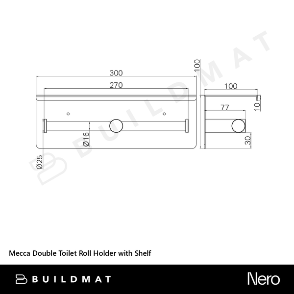 Nero Mecca Double Toilet Roll Holder with Shelf Matte White