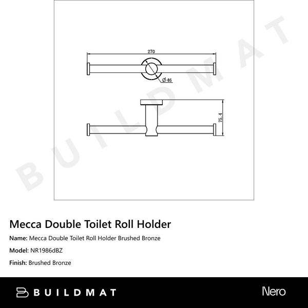 Nero Mecca Double Toilet Roll Holder Brushed Bronze