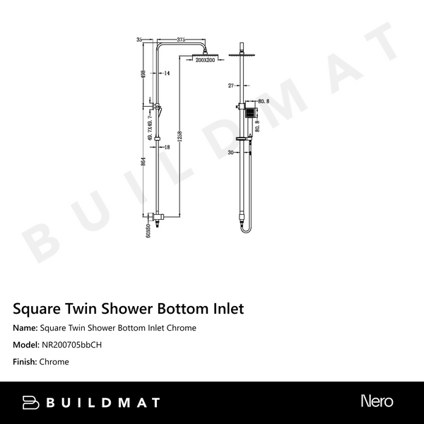 Nero Square Twin Shower Bottom Inlet Chrome