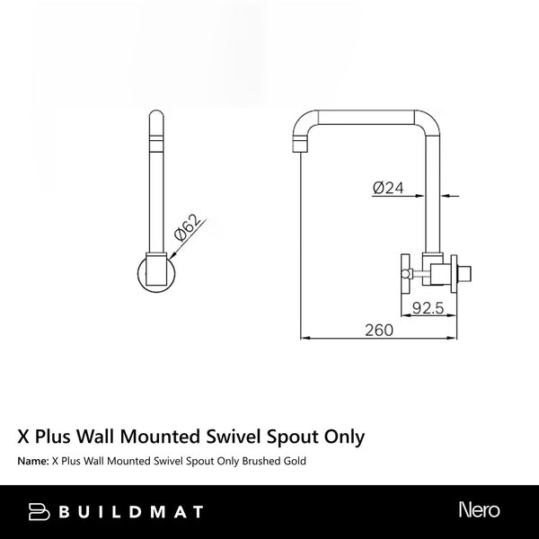 Nero X Plus Wall Mounted Swivel Spout Only Brushed Gold